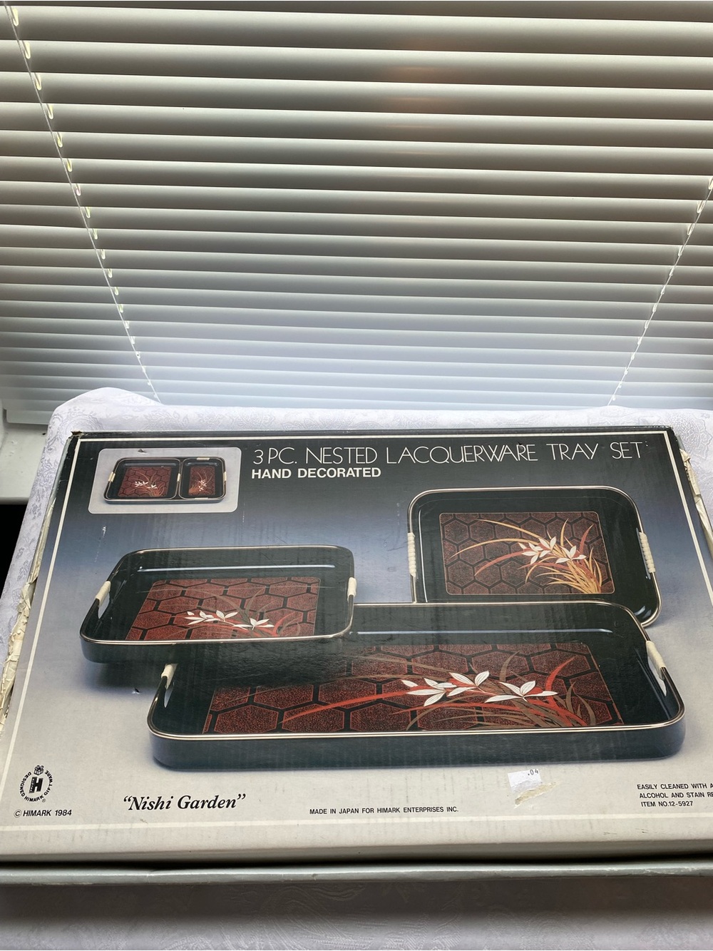 Vintage 1984 Himark “Nishi Garden”Deadstock NIB Black Lacquer Tray Set